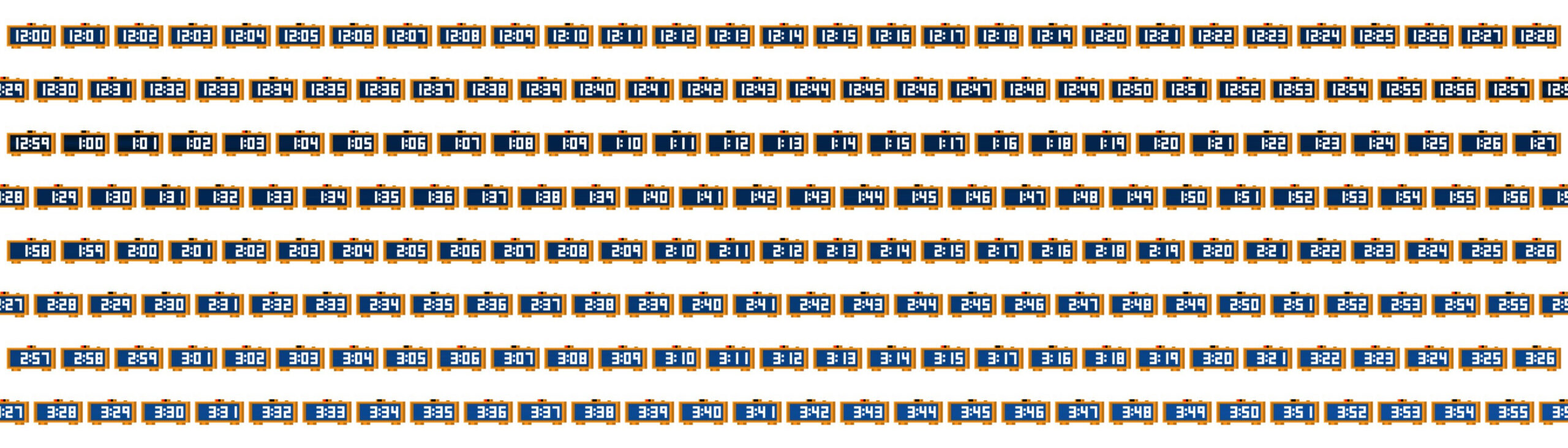 The Bitcoin Time collection: a grid of pixel-art clocks